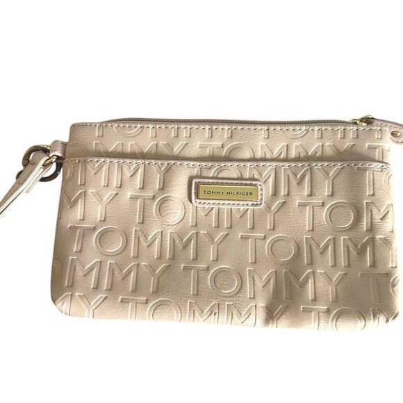 Tommy Hilfiger Handbags - Tommy Hilfiger Embossed Logo Wristlet Clutch - Nude Beige Faux Leather Zip Pouch